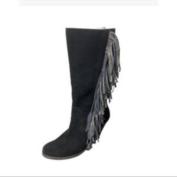 Reba Fringe Black Heeled Boots Size 7.5 - Picture 1 of 12